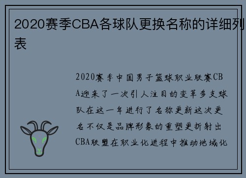 2020赛季CBA各球队更换名称的详细列表