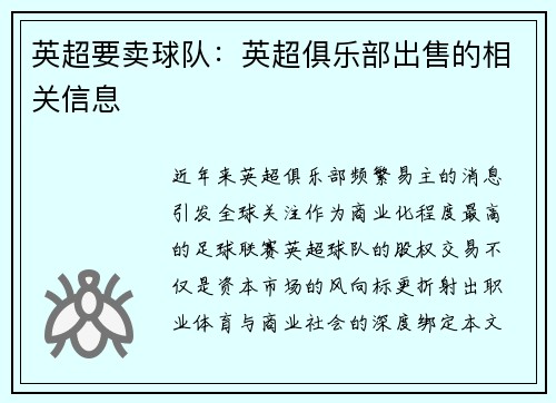 英超要卖球队：英超俱乐部出售的相关信息
