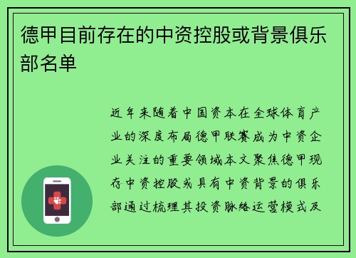 德甲目前存在的中资控股或背景俱乐部名单