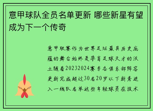 意甲球队全员名单更新 哪些新星有望成为下一个传奇