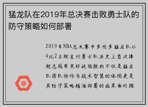 猛龙队在2019年总决赛击败勇士队的防守策略如何部署